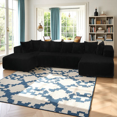 Boneless 130" Modular U-Shaped Sectional Sofa – 4-Seater Corduroy Couch with Reversible Chaise, Striped Fabric in Black or Gray, No Assembly Required