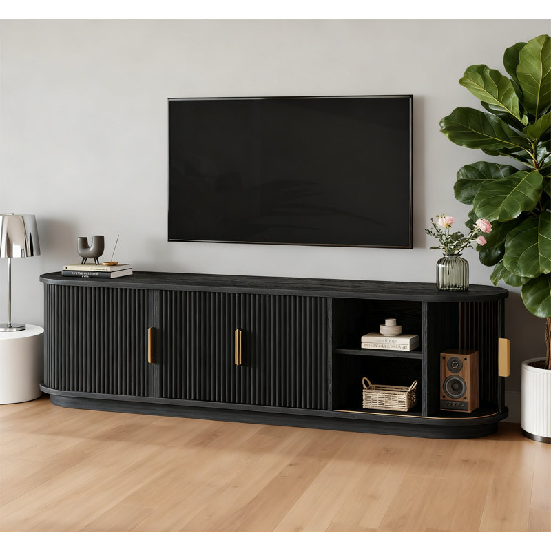Farmhouse Wooden TV Stand with Sliding Tambour Door, Black