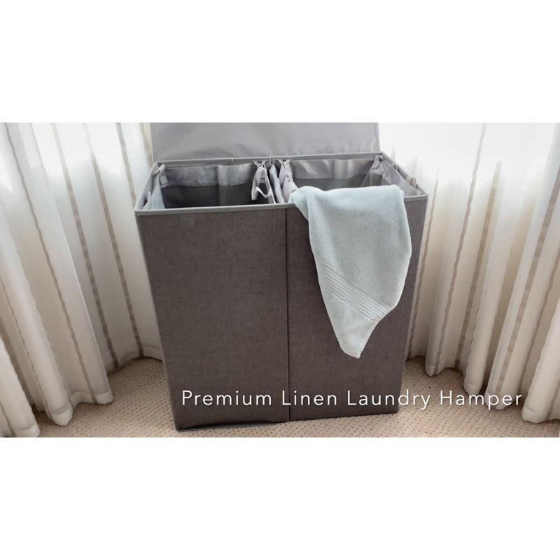 Double Gray Polyester Linen Collapsible Laundry Hamper with Lid
