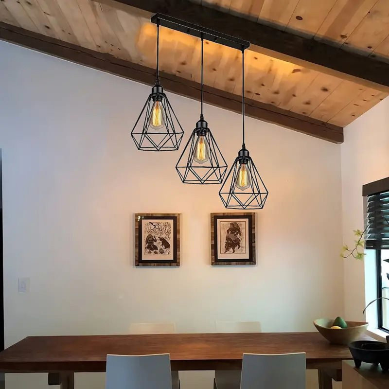  Lampe suspendue 3 lumières industrielle rétro avec design géométrique E27 avec abat-jour cage en fer noir