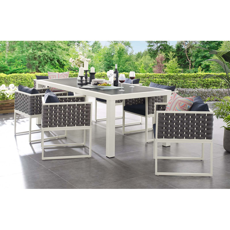 Modway Stance Outdoor Patio Woven Rope 7-Piece Dining Furniture Set, Navy