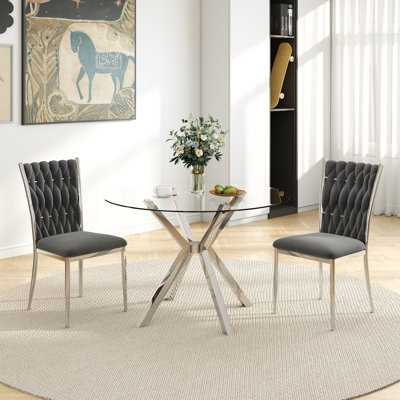 36" Round Tempered Glass Dining Table Set, 2/4 Velvet Chairs With Electroplated Metal Legs, Modern Minimalist For Small Space, Dining Room & Kitchen