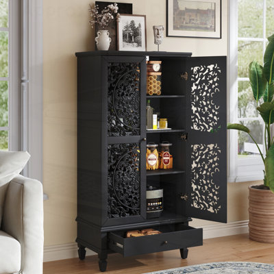 Grande armoire de rangement rustique avec tiroir, 2 portes décoratives en bois sculpté pour le salon, le couloir et la salle à manger
