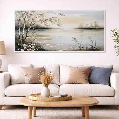 Gris blanc, été, matin, brume, lac, simplicité - impressions sur toile sereines, art mural encadré nature