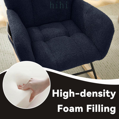 Ensemble chaise berçante et repose-pieds en tissu Teddy bleu foncé, design ergonomique pour plus de confort et de soutien, idéal pour la chambre d'enfant et le salon.