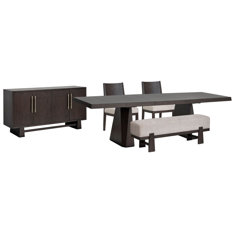 Extendable Double Pedestal Dining Table With 2 Side Chairs Bench And Buffet, 5 Pieces: Table, 2 Chairs, Bench, Buffet