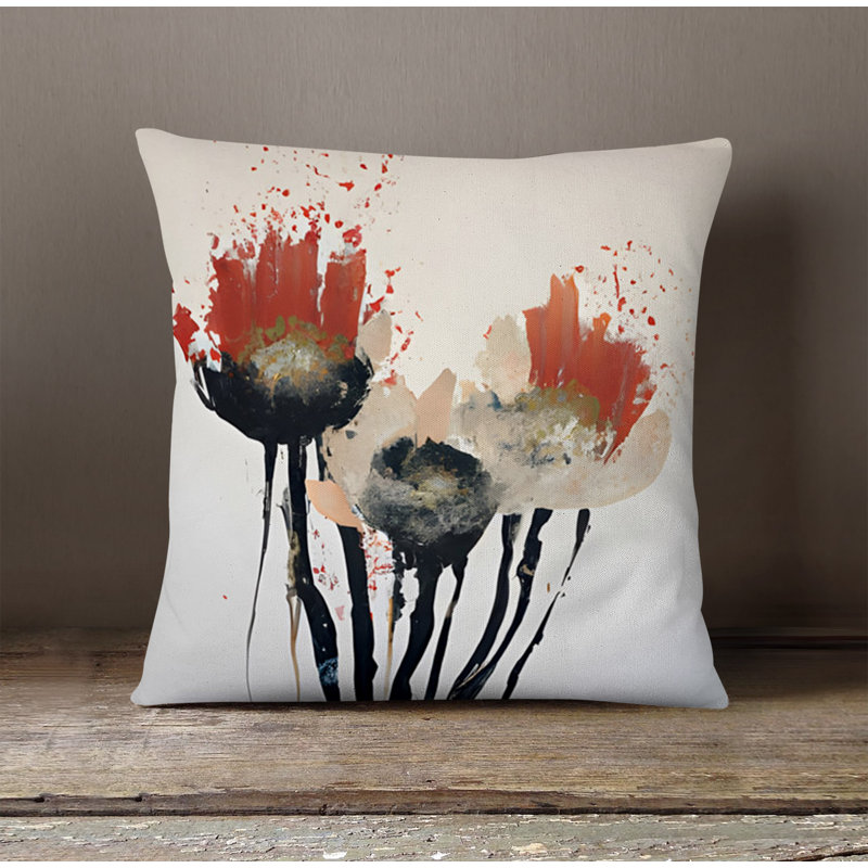 Throw Pillow With Insert, Black/White/Red Floral 2, 18"H x 18"W