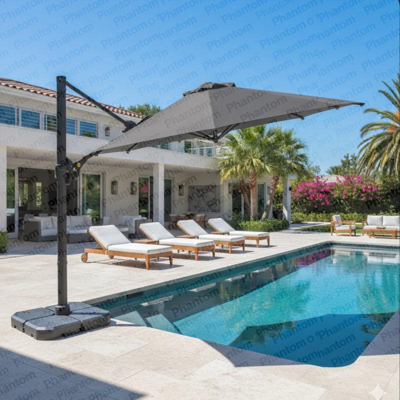 Grand parasol de patio en porte-à-faux carré gris de 10 pi avec rotation à 360 ° et réglage des mésanges et parasol de terrasse robuste à baldaquin en polyester sans base.