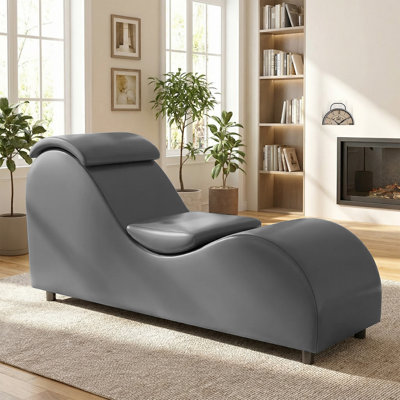 60" Faux Leather Sleek Yoga Chaise Lounge with Adjustable Head Cushion, Light Grey