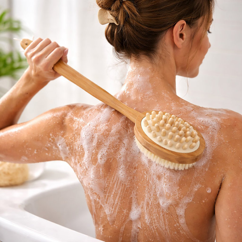 Brosse pour le corps en bambou naturel avec longue poignée - brosse à dos double