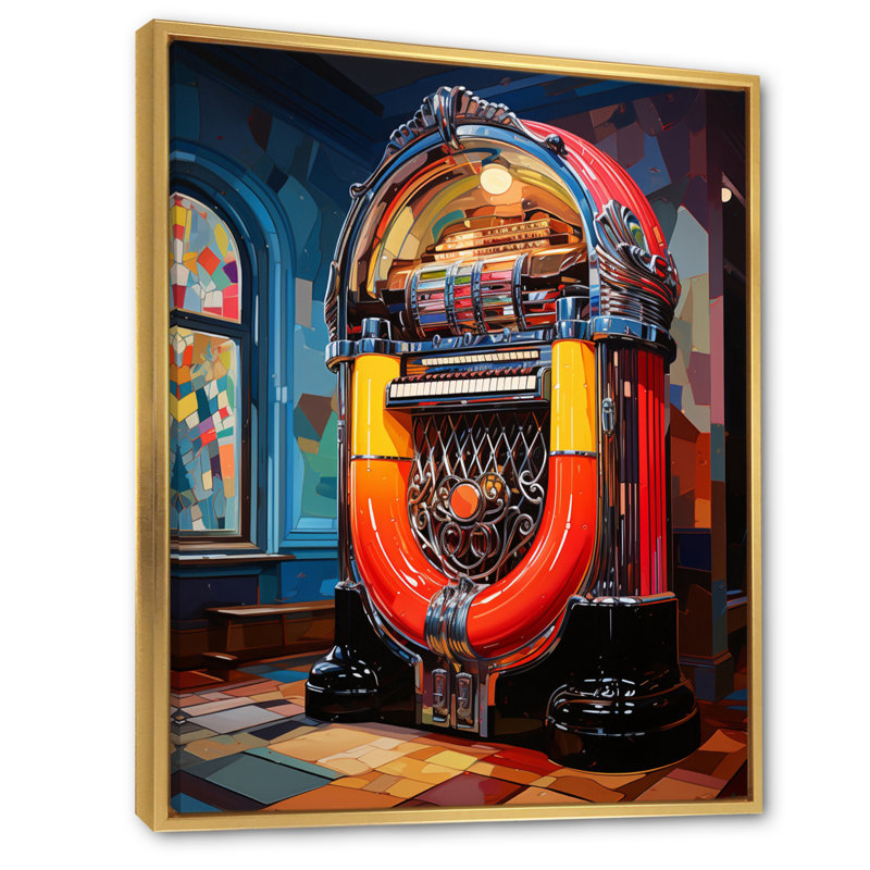 Impression sur toile Jukeboxes Nostalgic Melody I - Divertissement, Cadre flottant doré, H 44 po x l 34 po x P 1,5 po