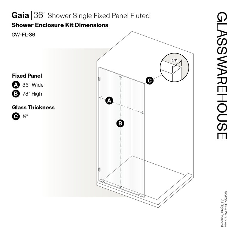 Gaia 36 in. x 78 in. Frameless Fluted Single Fixed Shower Panel, Polished Chrome