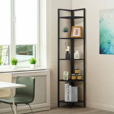 Étagère d'angle à 5 niveaux, bibliothèque de 59,1 po de hauteur, présentoir avec cadre en métal, étagère ronde, support pour salle de bain, salon, maison, bureau, noir