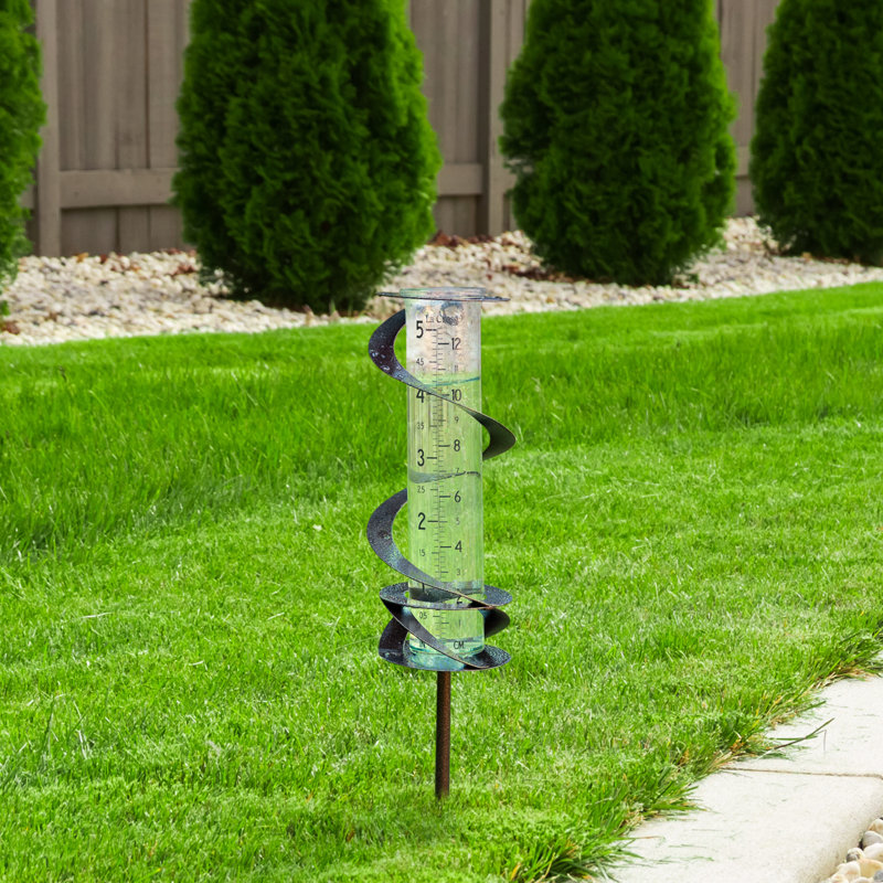 Helix Spiral Bronze Metal Garden Rain Gauge with Recycled Glass Tube