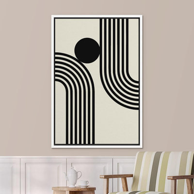 «Mid-Century Stripe Wave Dark Circle Landscape», reproduction de cadre flottant sur toile