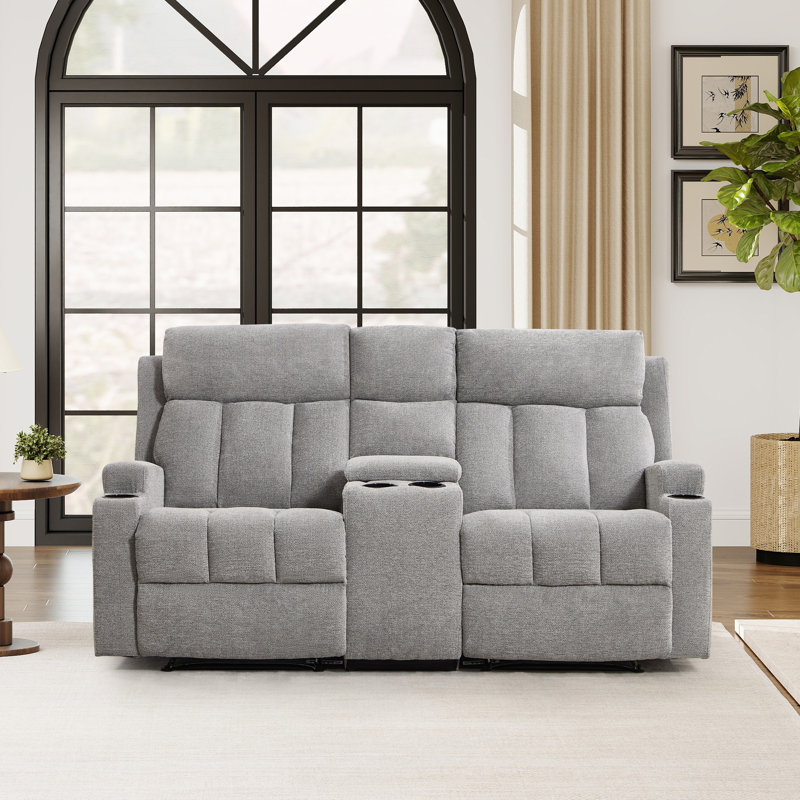 Manual Reclining Loveseat With Center Storage Console & Cup Holders, Light Gray 