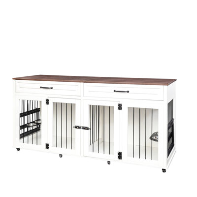 Cage moyenne à grande pour niche - en bois robuste avec portes doubles et tiroirs en blanc et porte en noyer