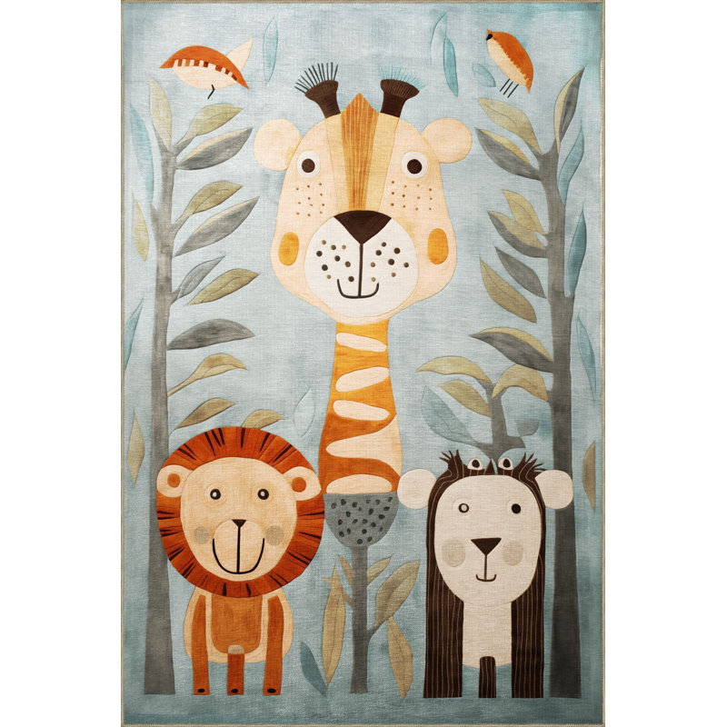 Washable Dido Collection Kids Rug Plant Lion Patterned Modern Decorative Area Rug, Rectangle 3'11" x 5'11" Rug Pad Included