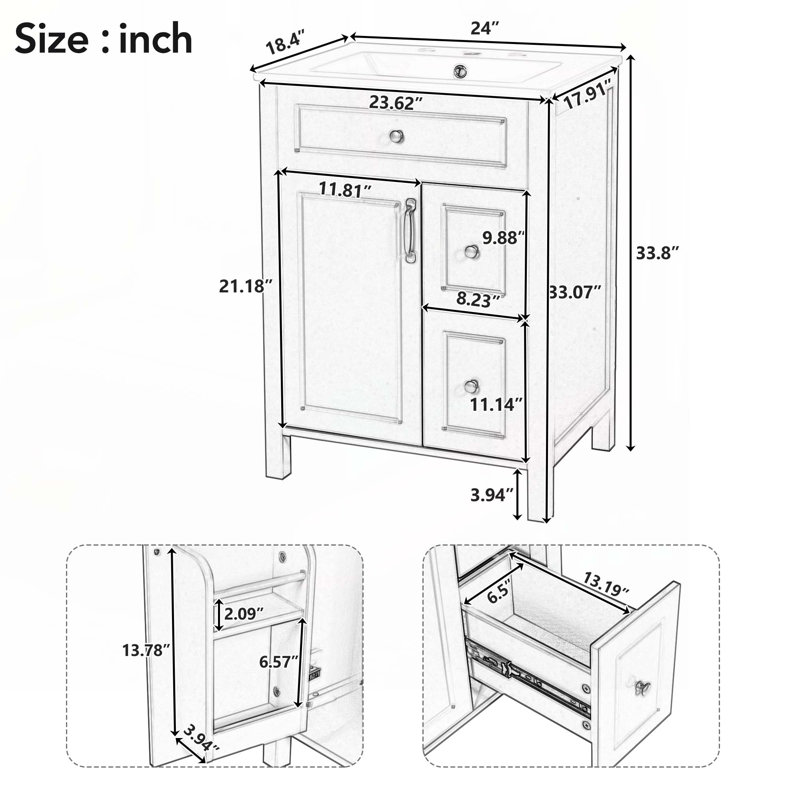 Meuble-lavabo de rangement avec lavabo en céramique, Gris