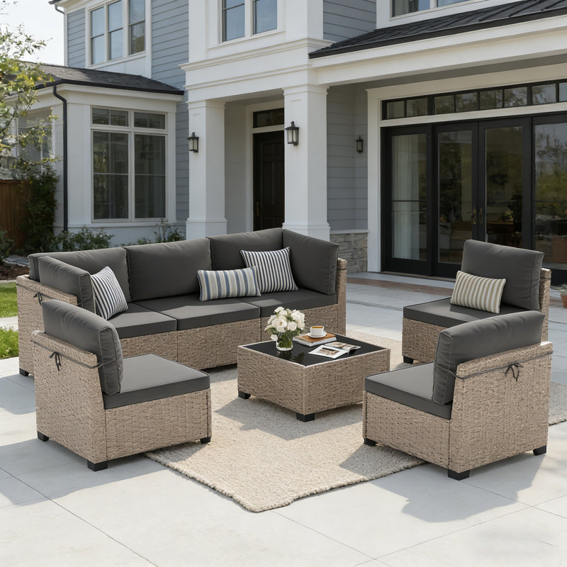 7-Piece Outdoor Sectional Sofa Set With HDPE Wicker, Cushions & Coffee Table, Modular Patio Conversation Set, Gray, Gray
