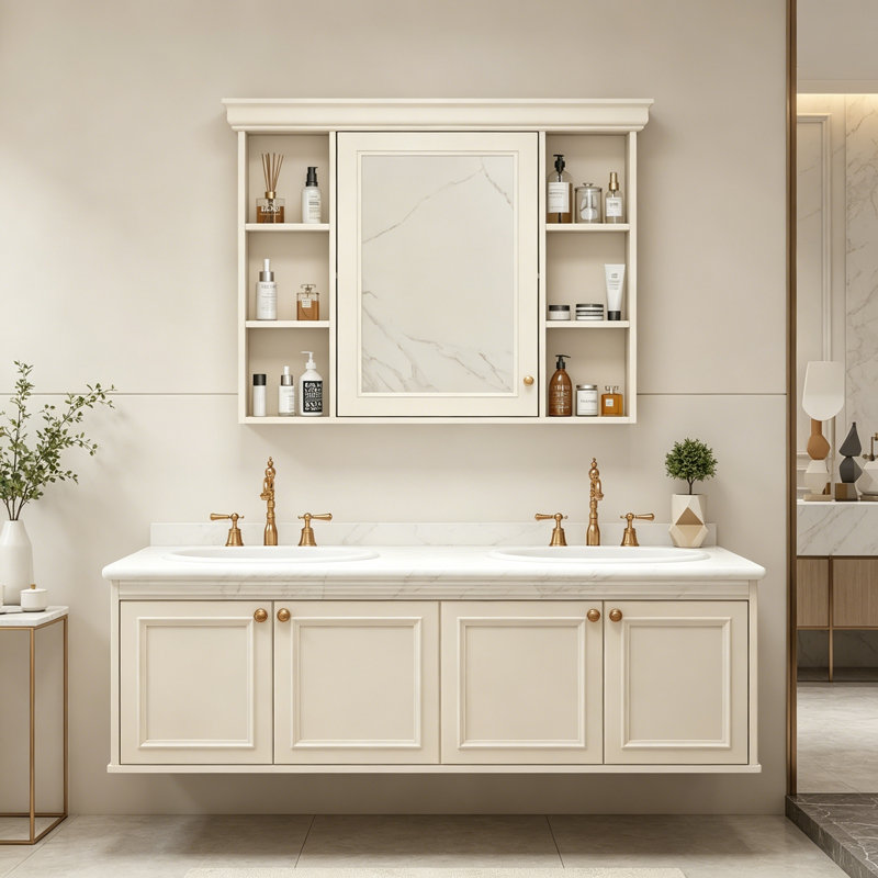 Armoire de rangement murale avec porte miroir et tablettes ouvertes, Beige + crème