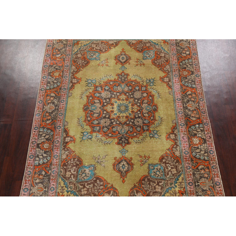 Tapis vert en laine noué à la main de conception unique 6 pi 5 po x 9 pi 6 po