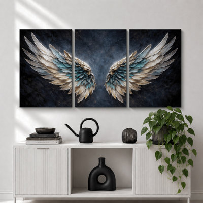 Blue Gold Angel Wings Artwork, Bedroom Pictures, Framed Canvas Giclee Print 3 Pieces Wall Art