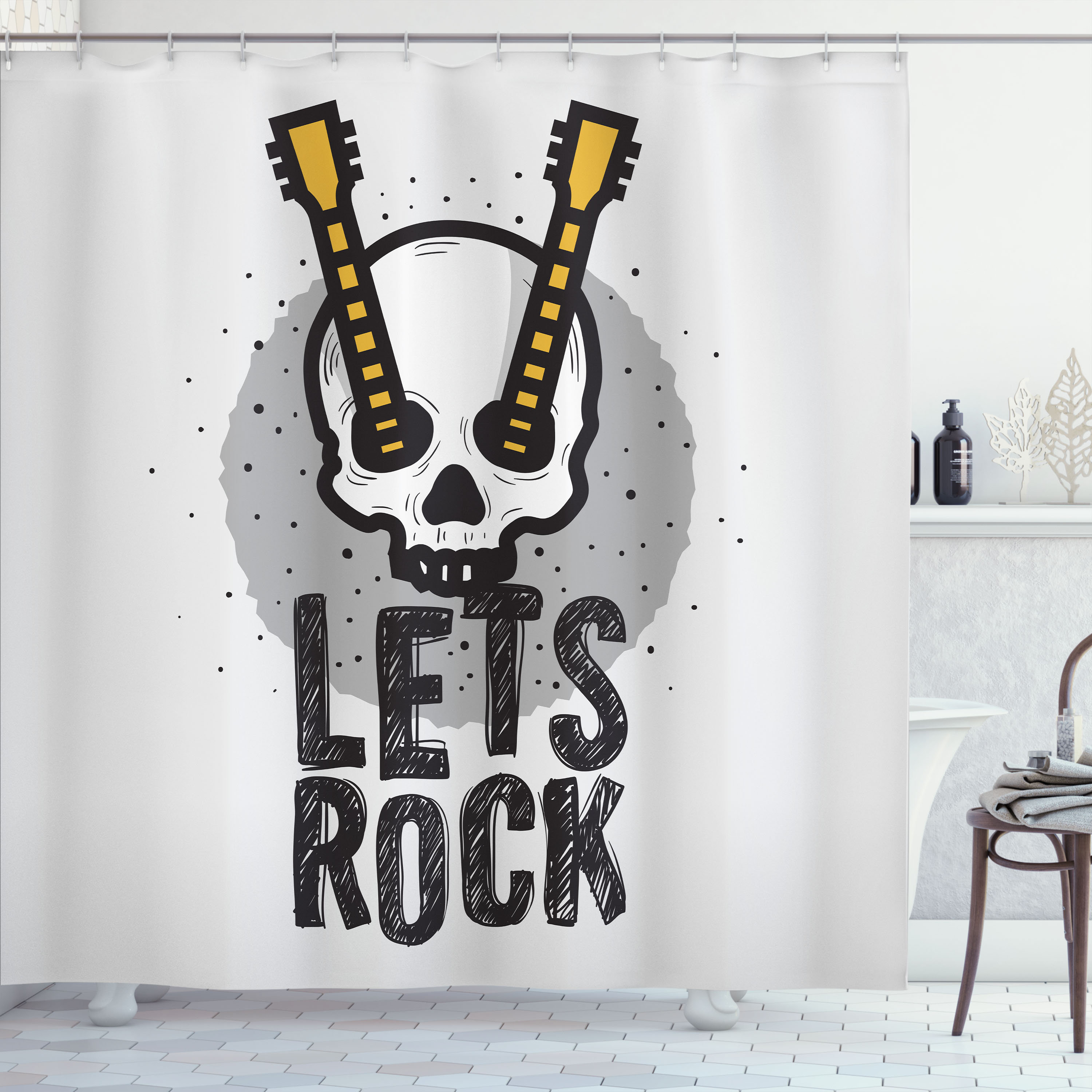 Dakota Fields Rock and Roll Shower Curtain Human Skull Guitar Grey