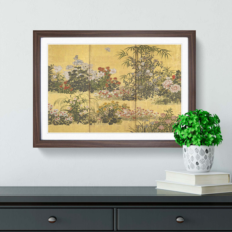 Flowers and Butterflies by Tawaraya Sotatsu - Framed Print, 48cm H x 65cm W x 2cm D, Walnut Framed
