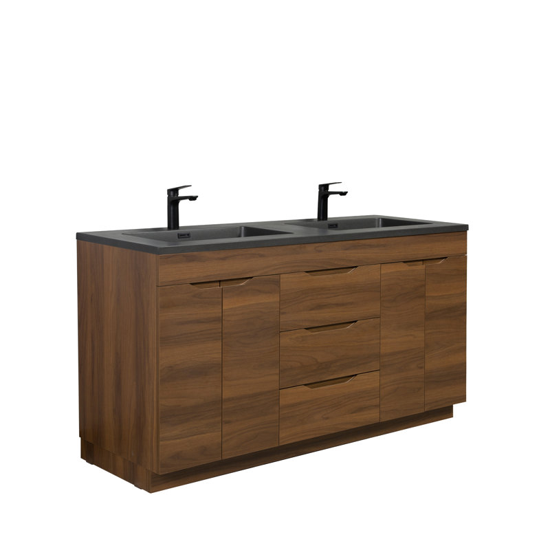 Ashby 60 po L x 21 po P 4 portes et 3 tiroirs Meuble-lavabo autoportant avec évier double et Comptoir en Quartz noir d'ingénierie