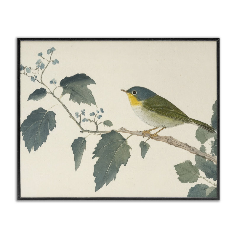 Oiseau et feuilles, estampe numérique, conception de Petal Prints Design, H 24 po x l 30 po, Giclée encadrée noir minuit