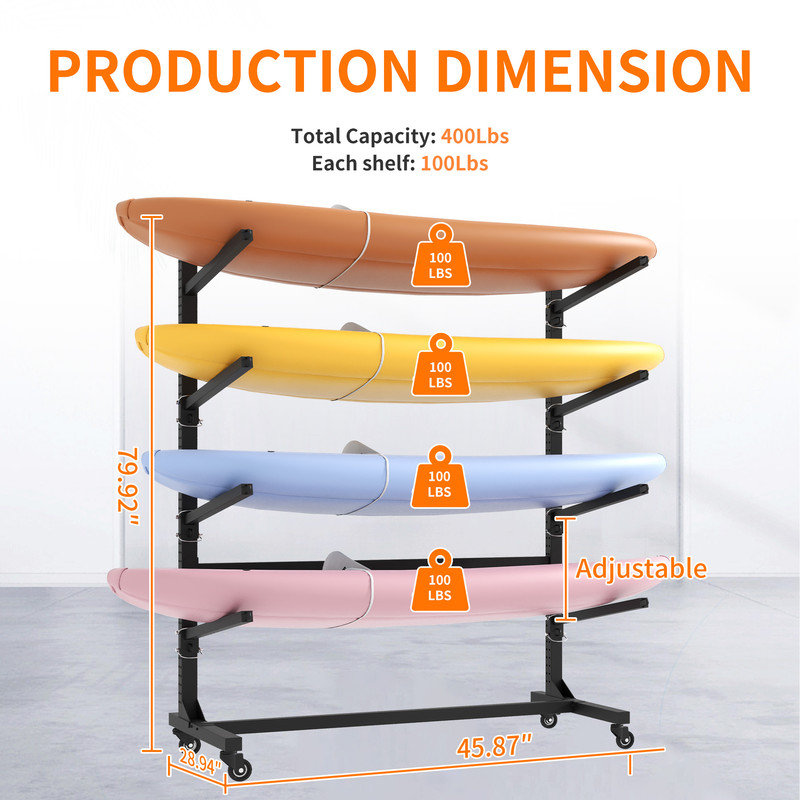 80" H 4-Tier Freestanding Steel Kayak Storage Rack, Adjustable Heavy-Duty SUP Surfboard Canoe Holder with Lockable Casters