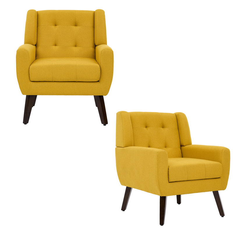 Yellow Linen Tufted Accent Armchair Set with Solid Wood Legs