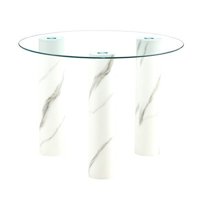 Table ronde en verre trempé transparent avec pieds en panneau de fibres à densité moyenne, table de salle à manger et table de salle à manger