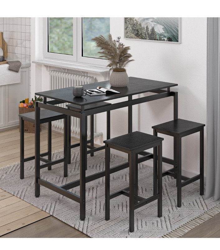 5-Piece Black Pub Table Set—Counter Height, Table + 4 Bar Stools, Compact for Kitchen/Breakfast Nook/Small Space, Black