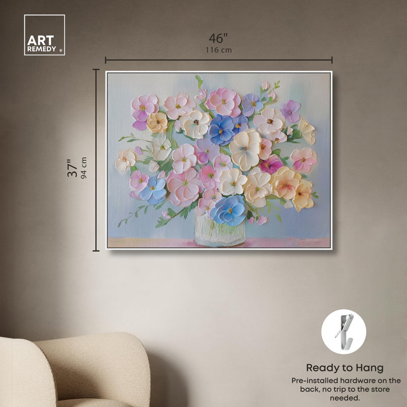 Art remède sur toile à motif floral abstrait, H 37 po x l 46 po x P 1,8 po, Reproduction encadrée sans passe-partout, Blanc