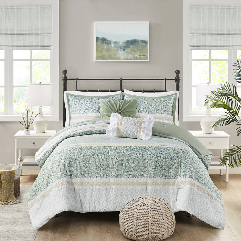 Édredon 5 pièces pour lit double / grand lit - Seersucker en microfibre à motif floral et 2 coussins décoratifs Lavable à la machine Style de literie Motif floral / botanique