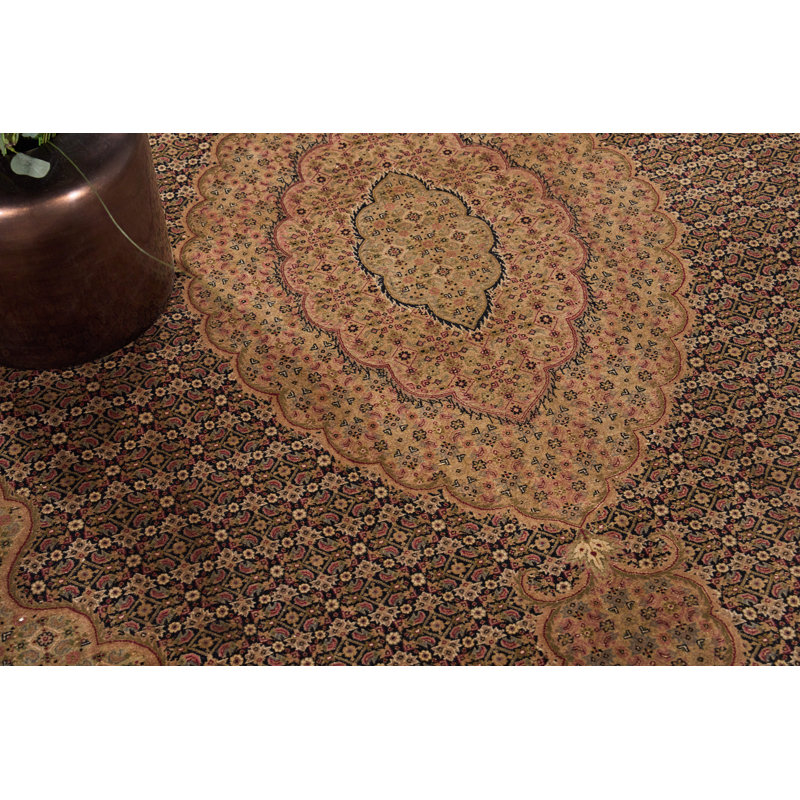 Hand-Knotted Black and Beige Floral Wool 8' x 10' Rug
