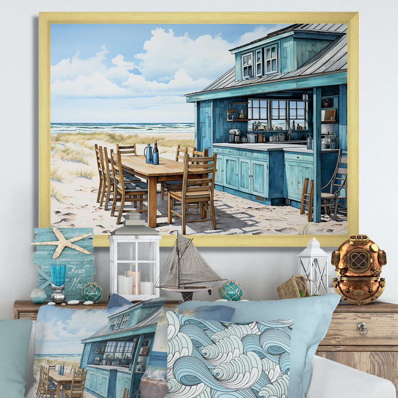 «Oceanfront beach restaurant panoramique - Coastal Windows», art encadré, Cadre doré à coins fermés