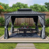 Kozyard Alexander Gray Double Roof Hardtop Gazebo with Privacy Curtain Mosquito Netting