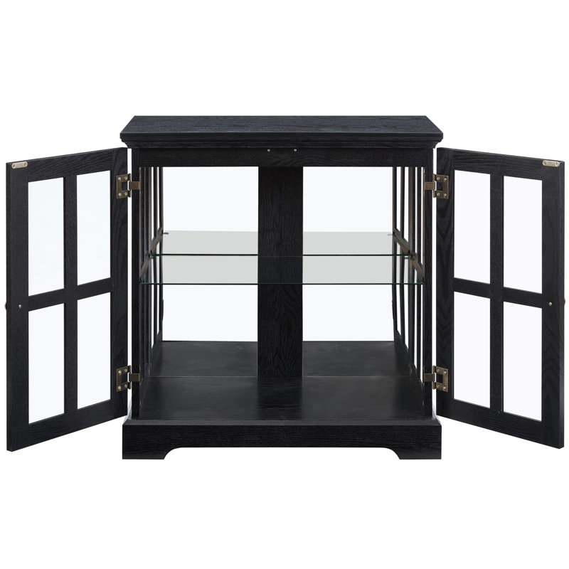 Vitrine en verre antique noir avec système à 7 couleurs à DEL, rangement réglable, plateau de table en bois texturé et base de support pour un décor rétro, tablettes, poignée en métal, éclairage télécommandé