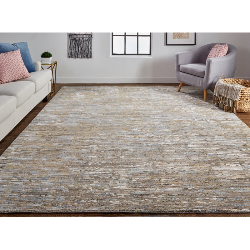 Tapis brun / gris en laine noué à la main, Rectangle 7 pi 9 po x 9 pi 9 po