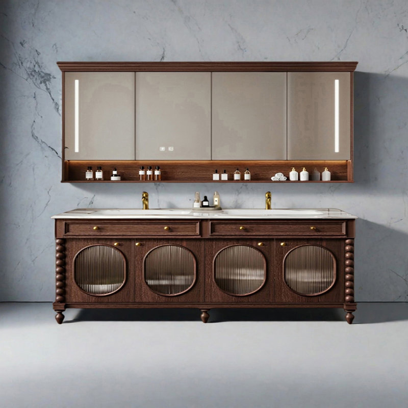 French retro-style luxury stone bathroom cabinet, 32.67" H x 86.61" W x 21.65" D