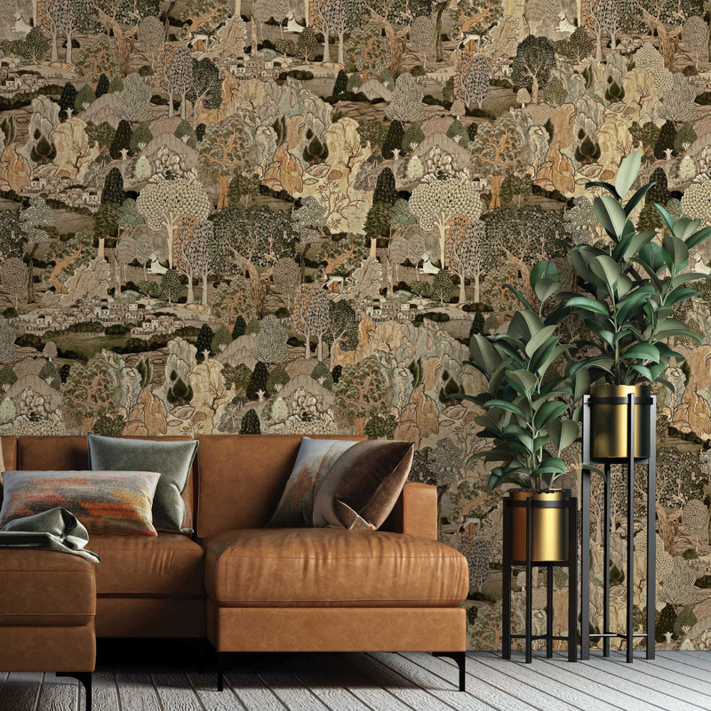 Papier peint rétro tapisserie Woodland, Brun, L 66 po x l 122 po
