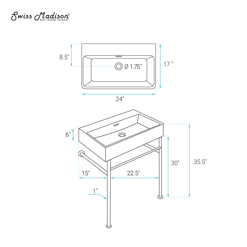Lavabo console rectangulaire à trous zéro 24 "avec pieds Claire, Chrome poli