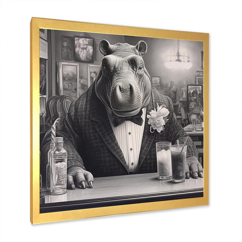 «Rhino Have A Drink II» sur toile, H 36 po x l 36 po x P 1,5 po, Encadrement doré