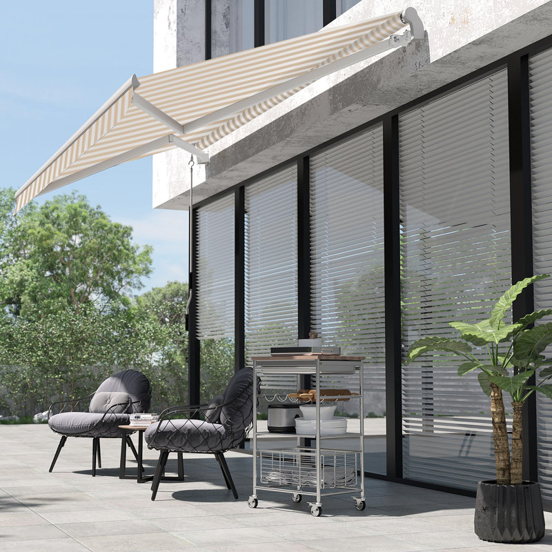 8' Retractable Awning, Beige Striped, 59.1" H x 155.5" W x 96.5" D