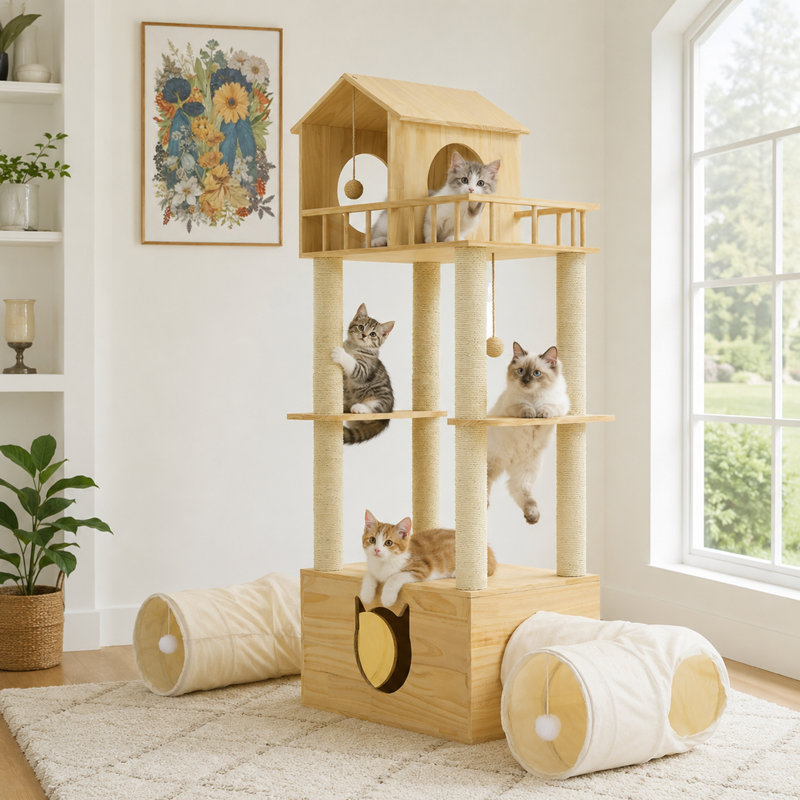 Arbre à chat Bianca en bois de 155 cm avec plateformes à plusieurs niveaux, 2 tunnels et poteaux à griffer inclus.