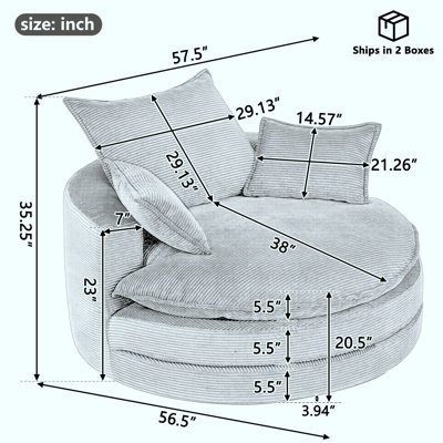 Oversized Round Swivel Accent Chair, Corduroy Upholstered Chair with Dual-Layer Cushion, 360° Swivel Base, 3 Pillows Included, Reading Lounge Chair for Living Room