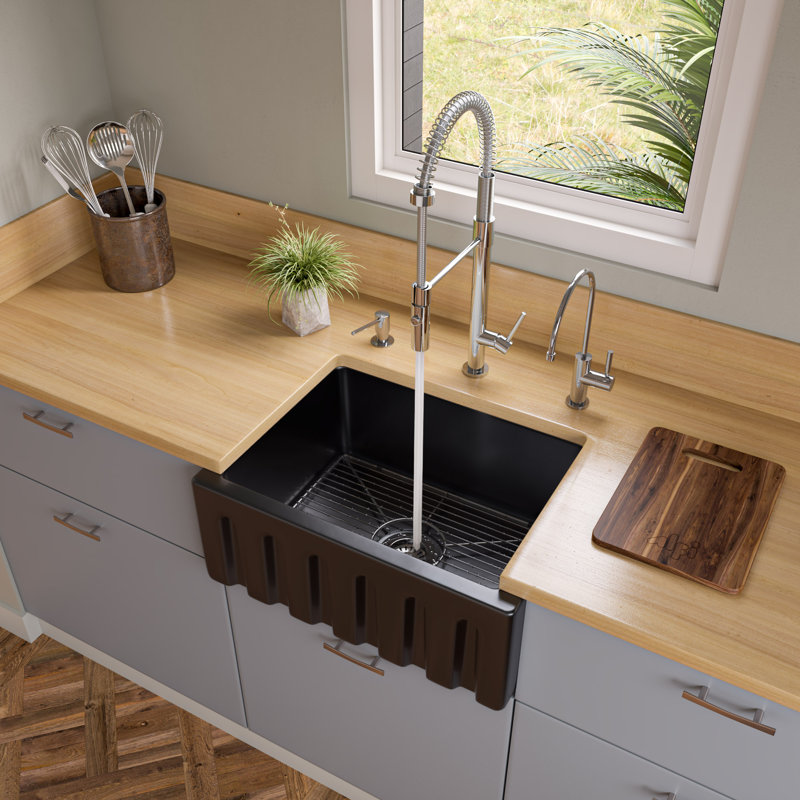 24'' L Single Bowl Fireclay Kitchen Sink, Gloss Black